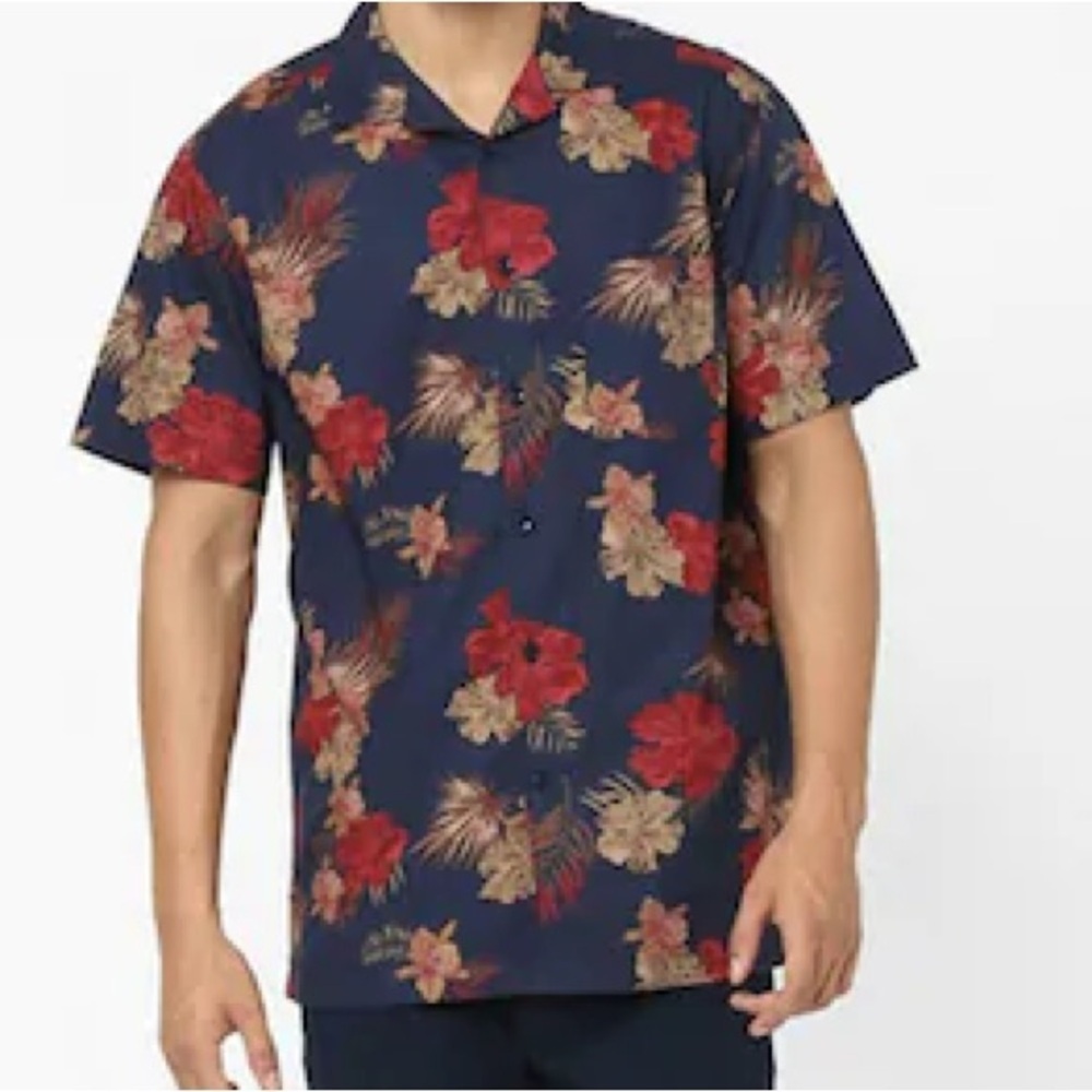 Celio Floral Hawaiian Button up Shirt Navy Red Tan Short Sleeve Men’s Size S